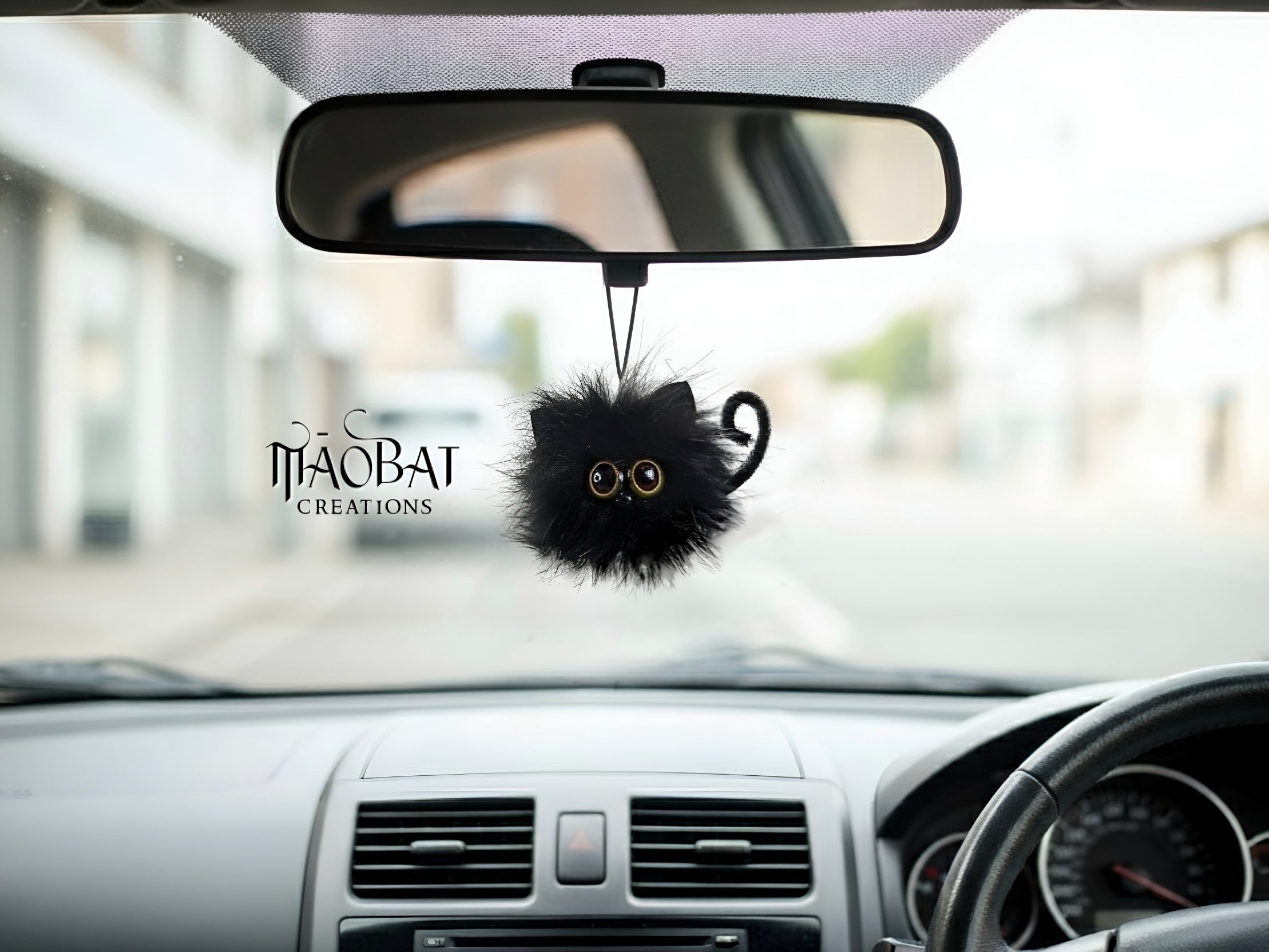 Fluffy Black Cat Keychain & Car Mirror Charm